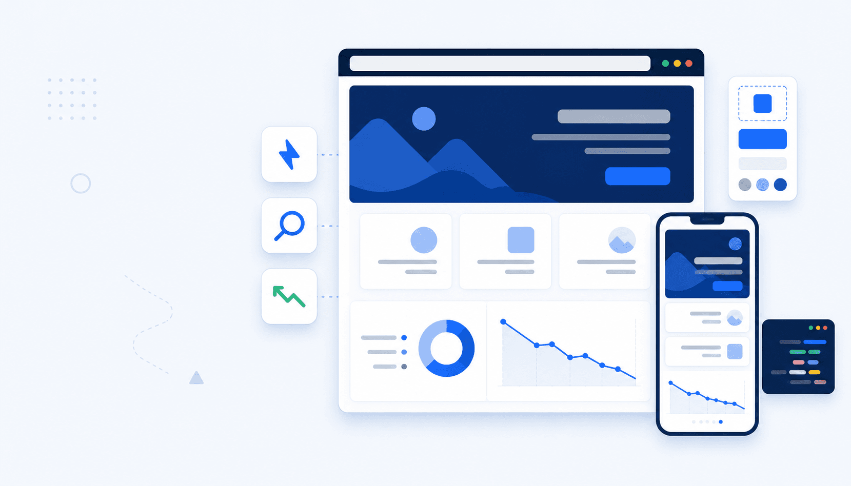 Website build workspace: a desktop browser showing a polished business site with a responsive mobile version beside it, plus design components, code, and speed, SEO, and conversion indicators